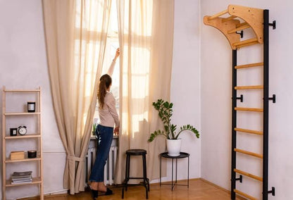 Wooden Swedish Ladder Wall Stall Bar - Indoor Chin Up Bar Workout Equipment for Home Exercise, Physical Therapy, Gymnastics, Fitness