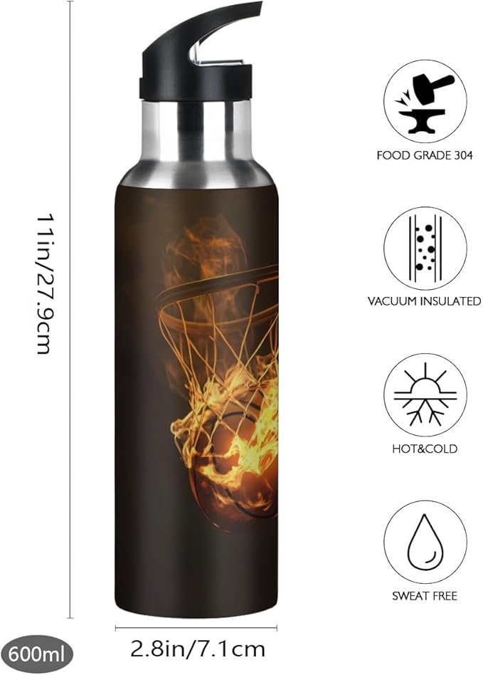 Flaming Basketball Net Water Bottle Vacuum Insulated Stainless Steel Mug Kids Water Bottle with Straw and Handle Keep Hot Cold Sport Bike Fit Travel Outdoor 20 oz