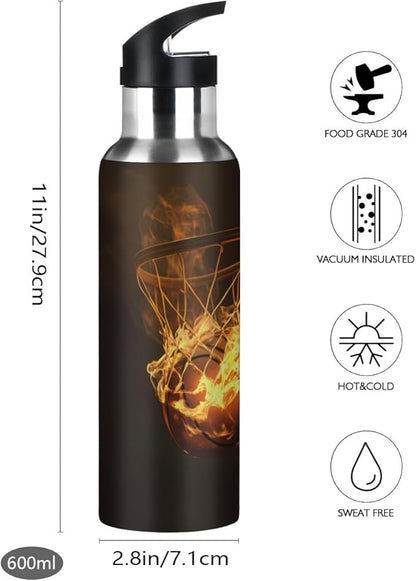 Flaming Basketball Net Water Bottle Vacuum Insulated Stainless Steel Mug Kids Water Bottle with Straw and Handle Keep Hot Cold Sport Bike Fit Travel Outdoor 20 oz