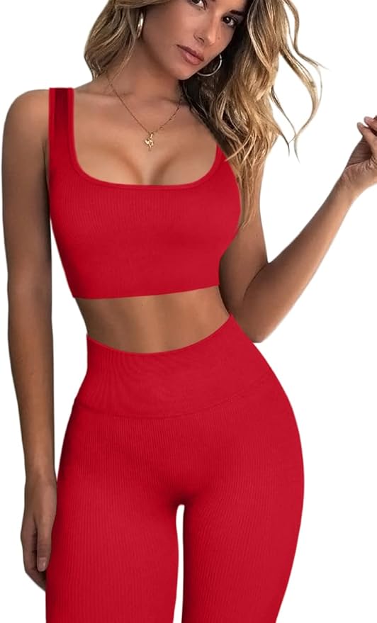 FAFOFA Ribbed Workout Outfits for Women 2 Piece Seamless Sport Bra High Waist Yoga Leggings Sets