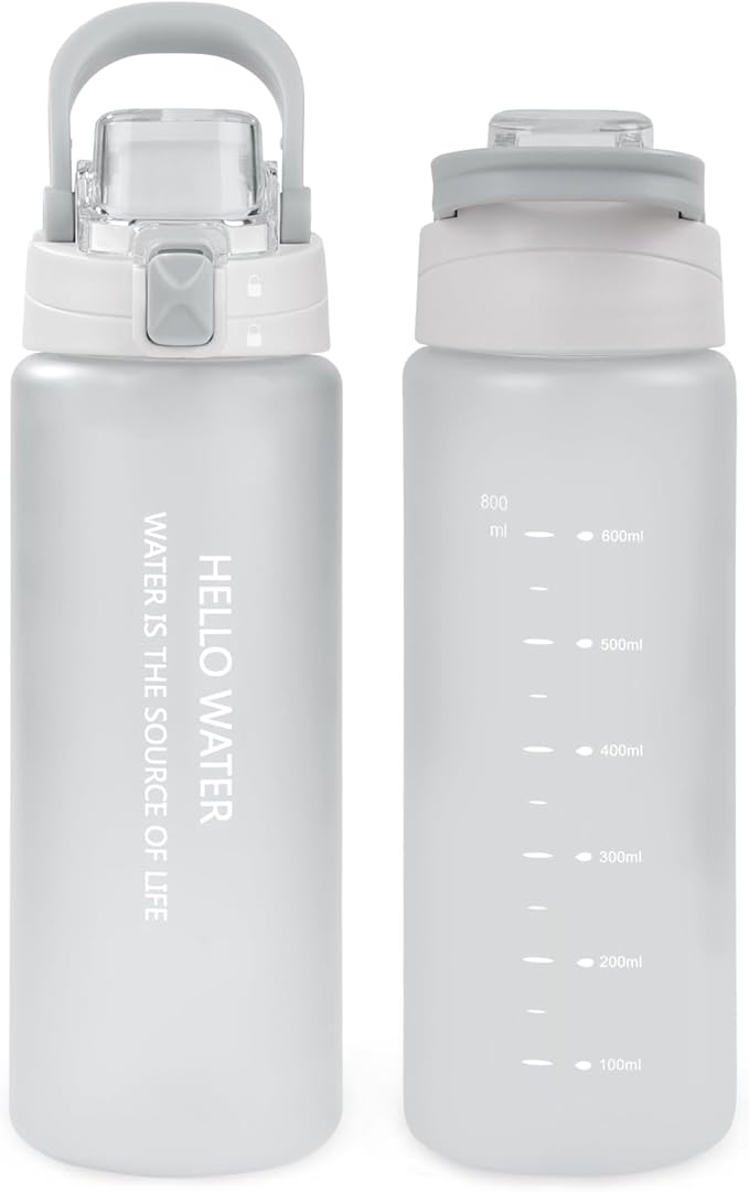 27oz Sports Water Bottle with Removable Filter, Motivational Water Bottle with Capacity Marker, Leakproof Drinking Water Bottle with Handle for Travel Fitness Gym Outdoor (White)