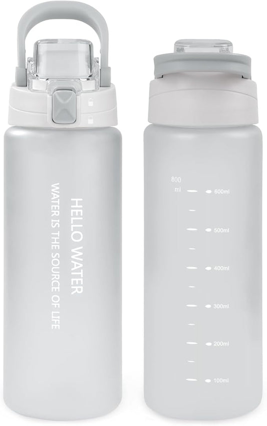 27oz Sports Water Bottle with Removable Filter, Motivational Water Bottle with Capacity Marker, Leakproof Drinking Water Bottle with Handle for Travel Fitness Gym Outdoor (White)