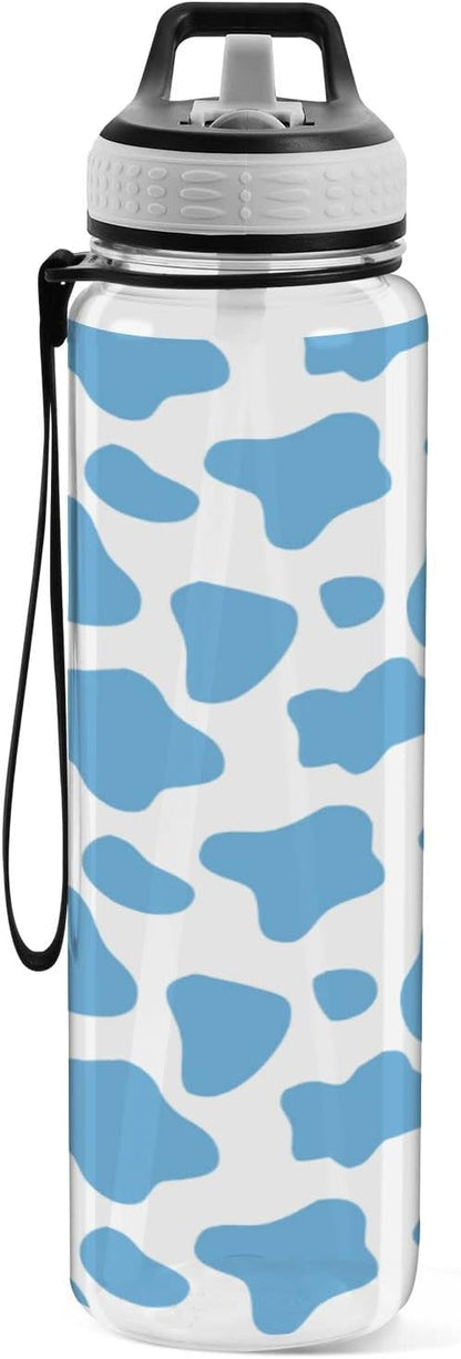 Fustylead Blue Cow Print Tritan Water Bottle with Straw and Lids, 32 oz Reusable BPA Free Sport Water Bottle for Gym Camping Hiking Travel