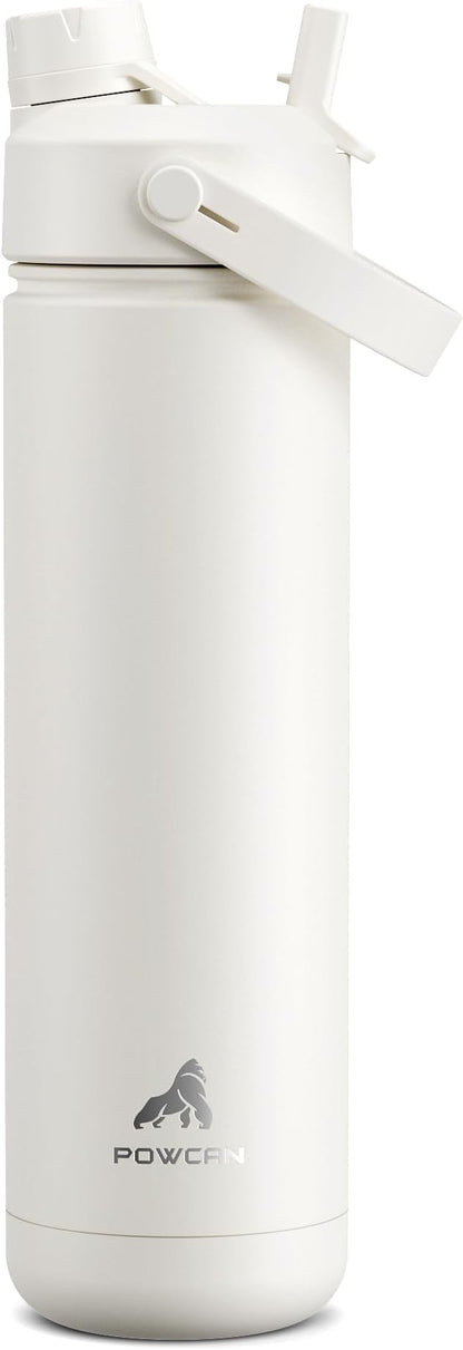 POWCAN 26 oz Insulated Water Bottle with 2-in-1 Straw and Spout Lid, Keep Cold 24H, Leak-Proof, Fits in Car Cup Holder, Stainless Steel Water Bottle for Sports, Travel, Gym, and School (Ivory)