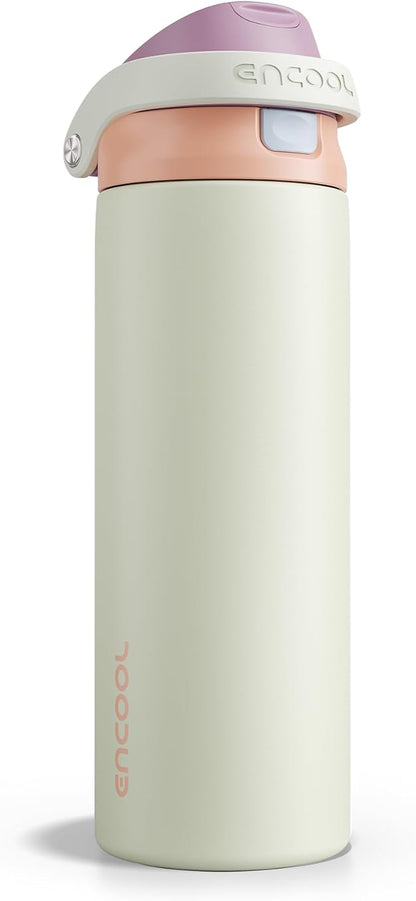 ENCOOL Leakproof Insulated Water Bottle with Straw Dual-Sip Water Bottle Bag-Safe Design for Work, Commute & Gym – Keeps Drinks Cold All Day, 24 oz, Sand Beige