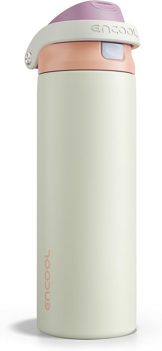 ENCOOL Leakproof Insulated Water Bottle with Straw Dual-Sip Water Bottle Bag-Safe Design for Work, Commute & Gym – Keeps Drinks Cold All Day, 24 oz, Sand Beige