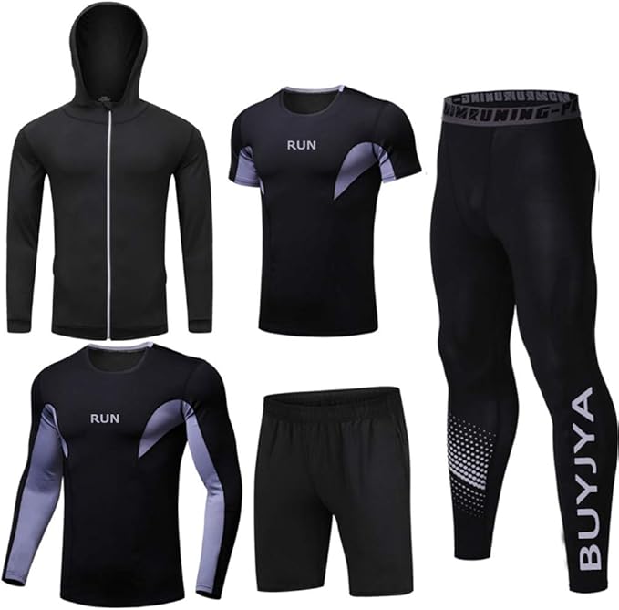 BUYJYA 5Pcs Men's Compression Pants Shirt Top Long Sleeve Jacket Athletic Sets Gym Clothing Mens Workout