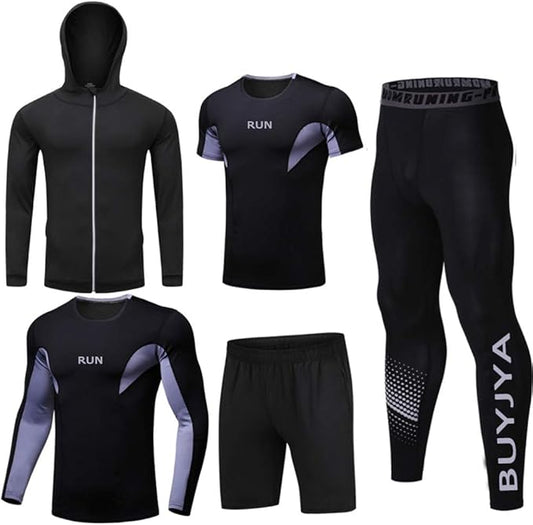 BUYJYA 5Pcs Men's Compression Pants Shirt Top Long Sleeve Jacket Athletic Sets Gym Clothing Mens Workout