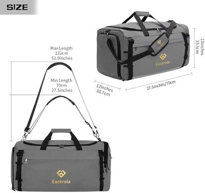 Eackrola Extra Large Sports Gym Bag, Travel Duffel bag with Wet Pocket & Shoes Compartment for men women, 85L, Lightweight （Light Gray）