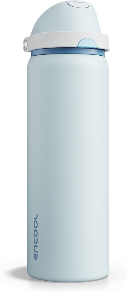 Insulated Water Bottle with Straw - Encool Stainless Steel Water Bottle with Push Button Lid, Leak-Proof & BPA-Free, Keeps Cold for 24 Hours for Sports, Travel, Gym (32 oz, Jungle Mist)