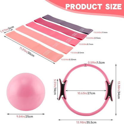 Pilates Ring and Ball Set with Resistance Bands, 14'' Circle Ring, 9.8” Pilates Ball and 5 Resistance Bands Home Workout Kit for Women Training Core, Full Body Exercise