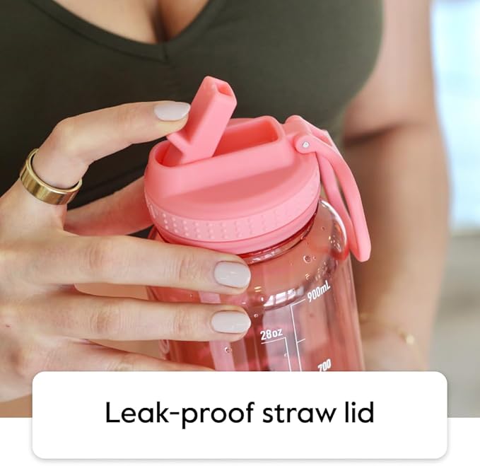 Takeya 32 oz Motivational Water Bottle with Straw Lid with Time Marker, Premium Quality BPA Free Tritan Plastic, Flutter Pink