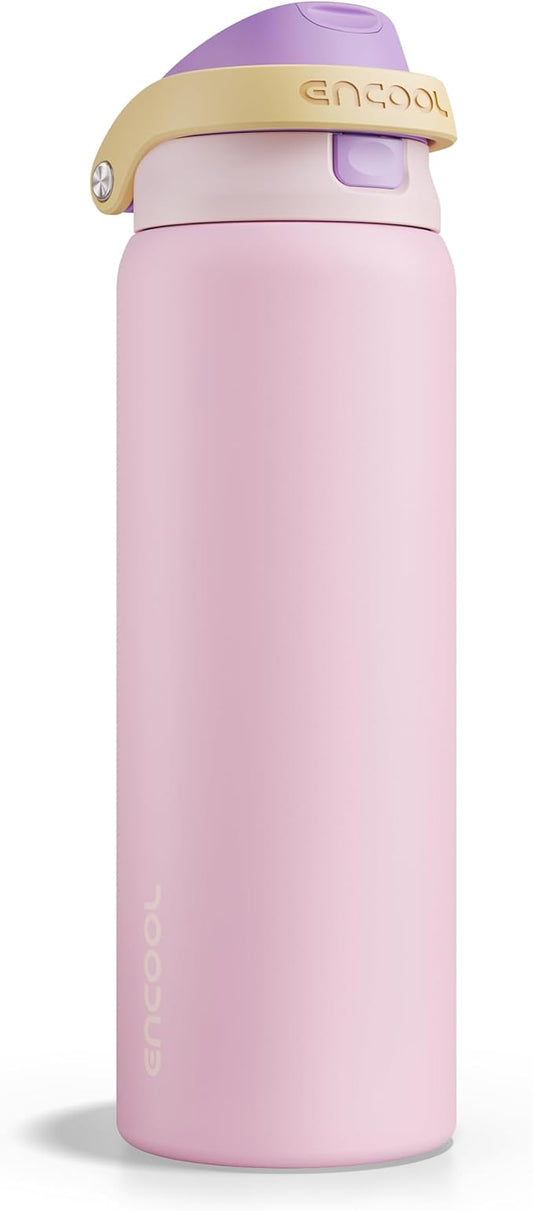 ENCOOL Leakproof Insulated Water Bottle with Straw Dual-Sip Water Bottle Bag-Safe Design for Work, Commute & Gym – Keeps Drinks Cold All Day, 32 oz, Peach Purple