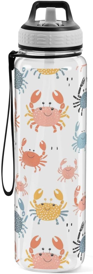 ALAZA Cartoon Crab Sports Water Bottle with Straw Tritan Drink Bottle 32 oz BPA Free Reusable for Travel Outdoor Fitness