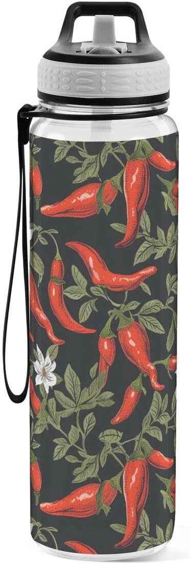 ALAZA Pepper Chili Leaves Flower Floral Sports Water Bottle with Straw Tritan Drink Bottle 32 oz BPA Free Reusable for Travel Outdoor Fitness