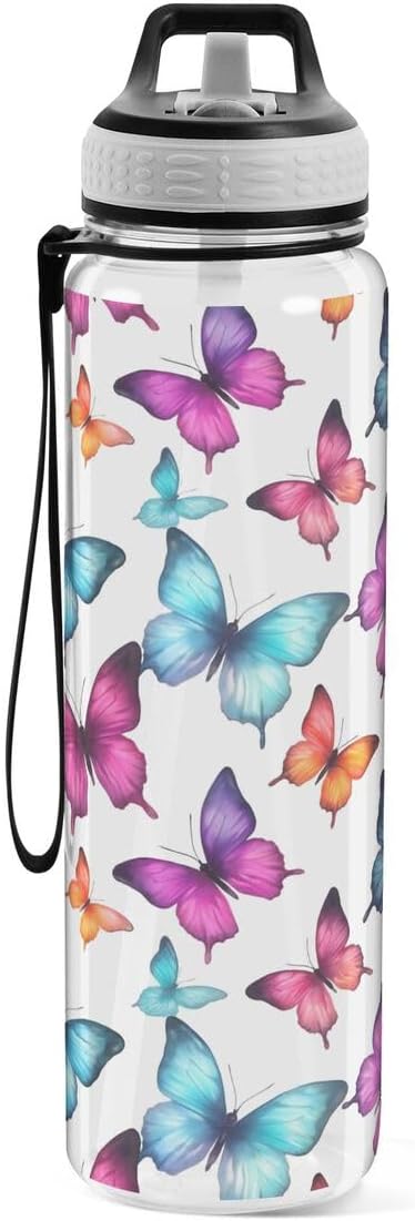 ALAZA Funny Butterfly Sports Water Bottle with Straw Tritan Drink Bottle 32 oz BPA Free Reusable for Travel Outdoor Fitness