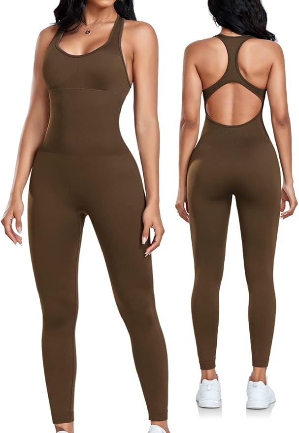 OLCHEE Womens Workout Jumpsuits Seamless Yoga Gym Bodycon Rompers Sexy Racerback Tummy Control Padded Bra Unitard