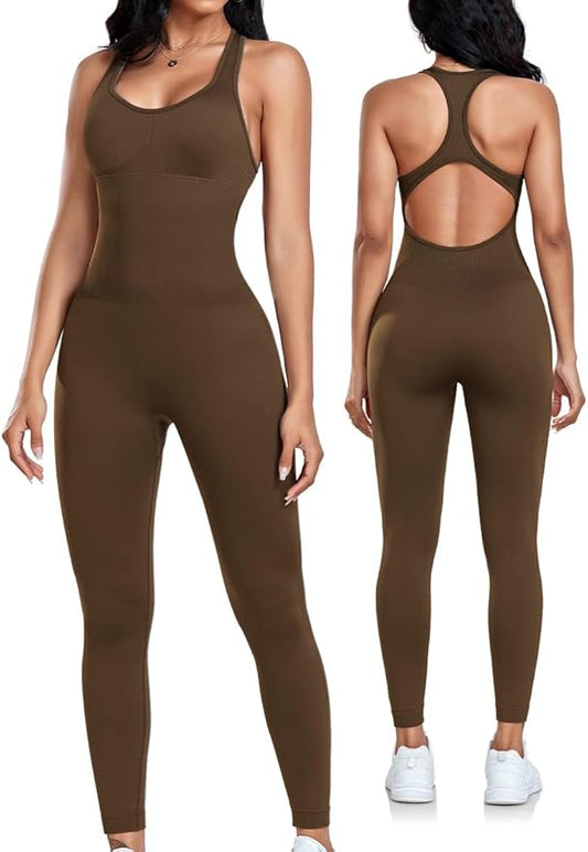OLCHEE Womens Workout Jumpsuits Seamless Yoga Gym Bodycon Rompers Sexy Racerback Tummy Control Padded Bra Unitard