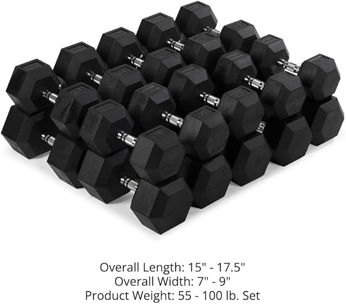 Titan Fitness Rubber Hex Dumbbells, 5 LB-50 LB Set of Pairs, Roll-Resistant Hexagonal Free Weights, Hex Dumbbell set with Chrome-Coated Handles, Free Weight Set, Strength Training Equipment