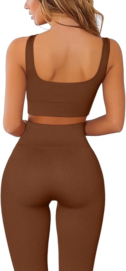 FAFOFA Ribbed Workout Outfits for Women 2 Piece Seamless Sport Bra High Waist Yoga Leggings Sets