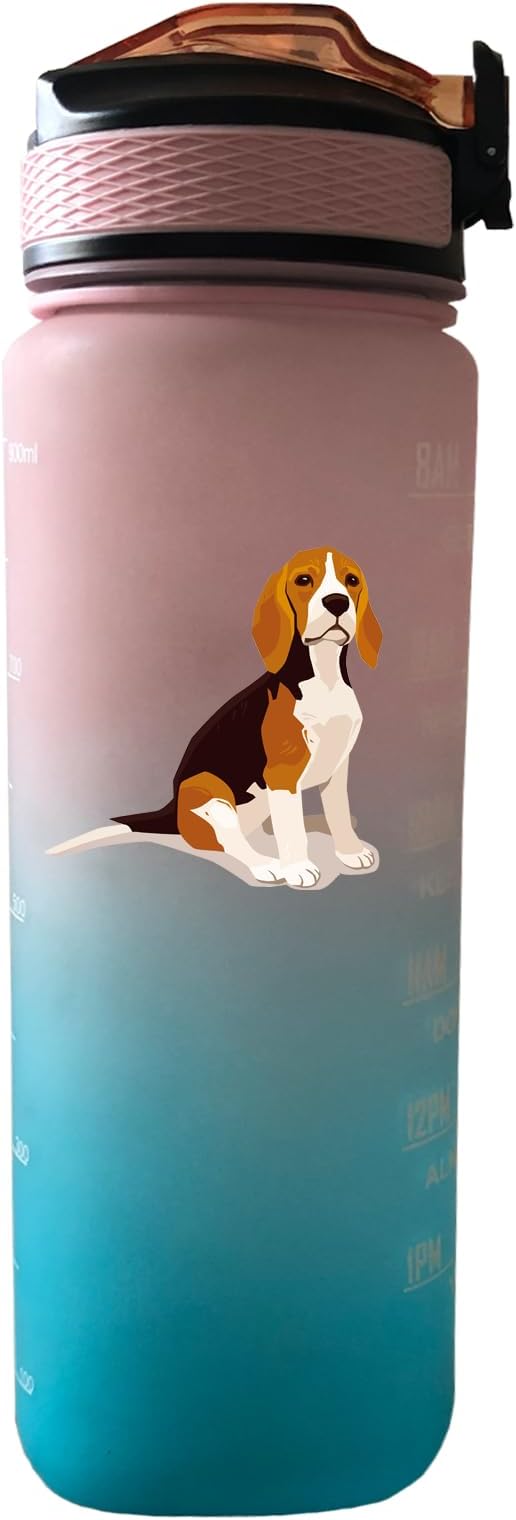 Beagle Dog Water Bottle Pink Blue Large 32 Oz Capacity - Time Marker & Easy-Clean Detachable Straw, BPA-Free Leakproof, Perfect for Fitness Gym, Camping, Outdoor Sports