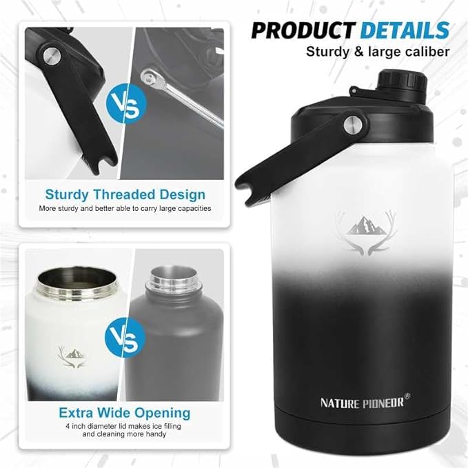 NATURE PIONEOR 1 Gallon Insulated Water Bottle - Double Vacuum Stainless Steel 128 oz Water Bottle with Holder/Carrier, Wide Mouth 1 gallon Water Jug for Outdoor Sports, Hiking, Camping, Gym