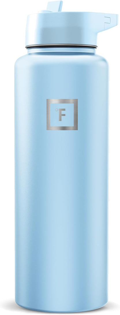 IRON °FLASK Camping & Hiking Hydration Flask with Straw, Wide Mouth Insulated Stainless Steel Sports Water Bottle - Morning Mist 40 oz - Straw (1 Lid)