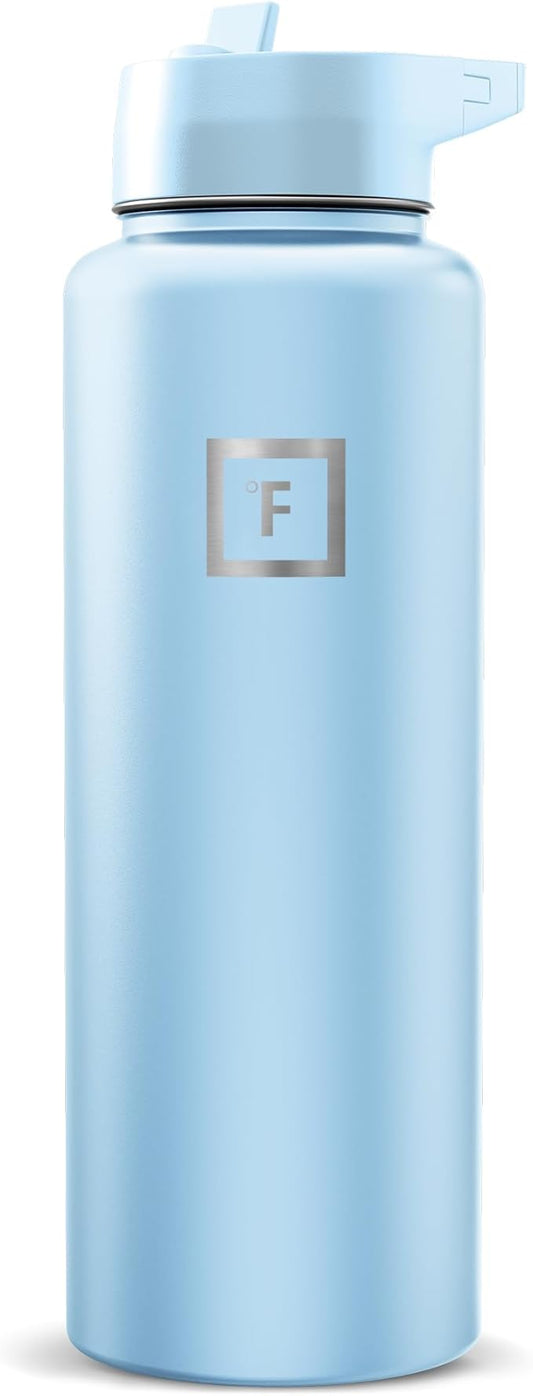 IRON °FLASK Camping & Hiking Hydration Flask with Straw, Wide Mouth Insulated Stainless Steel Sports Water Bottle - Morning Mist 40 oz - Straw (1 Lid)