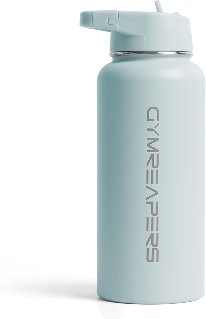 Gymreapers Insulated Water Bottle - Stainless Steel 32 Oz, 3 lids (Straw, Chug, Canteen), Double Walled Vacuum Insulation, Thermo Mug Cold Hot - Durable Powder Coated Finish