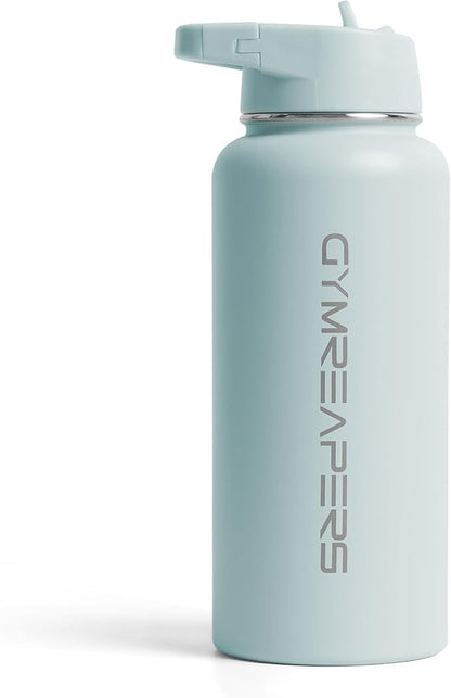 Gymreapers Insulated Water Bottle - Stainless Steel 32 Oz, 3 lids (Straw, Chug, Canteen), Double Walled Vacuum Insulation, Thermo Mug Cold Hot - Durable Powder Coated Finish