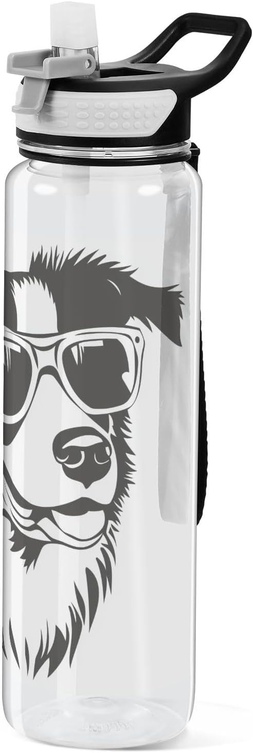 Fustylead Black and White Hipster Collie Dog Wear Glasses 32oz BPA Free Water Bottles, Leakproof Tritan Sport Water Bottle with Straw for Gym Fitness Running