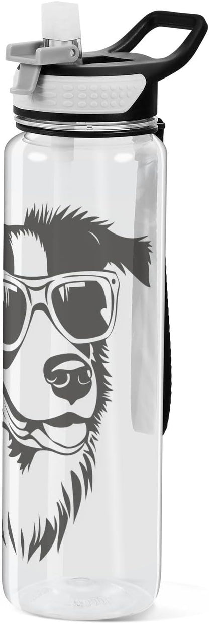 Fustylead Black and White Hipster Collie Dog Wear Glasses 32oz BPA Free Water Bottles, Leakproof Tritan Sport Water Bottle with Straw for Gym Fitness Running