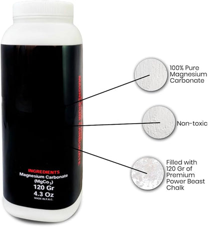 POWER BEAST Powder Chalk Bottle Gym 120 Gr - 4.3 Oz, Gym Chalk, Magnesium Carbonate for Better Grip, Weightlifting, Rock Climbing, Gymnastics, Bouldering, Weightlifting, Pool Billiards.