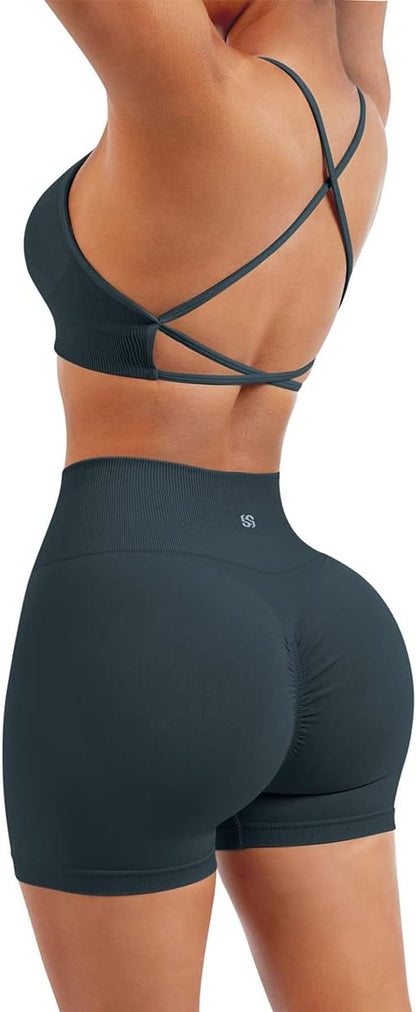 SUUKSESS Women Seamless Workout Sets Strappy Sports Bra High Waist Booty Shorts Outfits