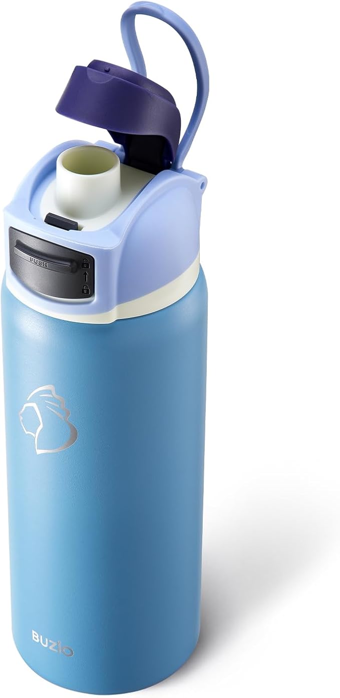 BUZIO 32 oz Insulated Stainless Steel Water Bottle, Triple Wall Water Bottle with Chug Spout and Leakproof Locking Lid for Gym Sports School Work, Dishwasher Safe, Keep Cold 48H, Haze Blue