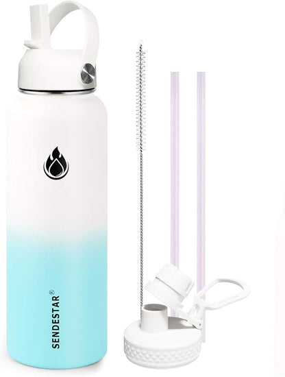 SENDESTAR Water Bottle 40oz Double Wall Vacuum Insulated Leak Proof Stainless Steel Sports Water Bottle—Wide Mouth with New Flex Straw Lid & Spout Lid (White&Tiffany)