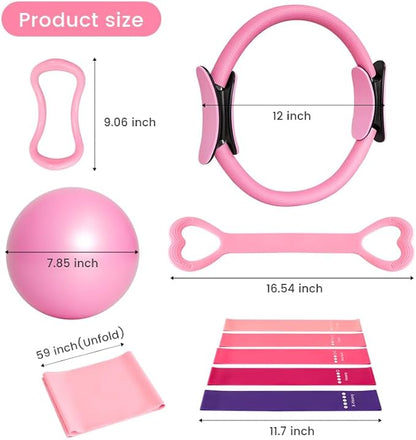 Home Pilates Essentials Kit for Women, with 5 Resistance Bands - Magic Circle Pilates Kit for Home Toning, Includes Yoga Ball, Stretch Strap & Gym Bag (13-Piece Complete Starter Set)