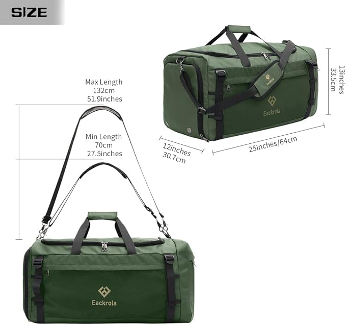 Eackrola Large Sports Gym Bag, Travel Duffel bag with Wet Pocket & Shoes Compartment for men women, 65L, Lightweight