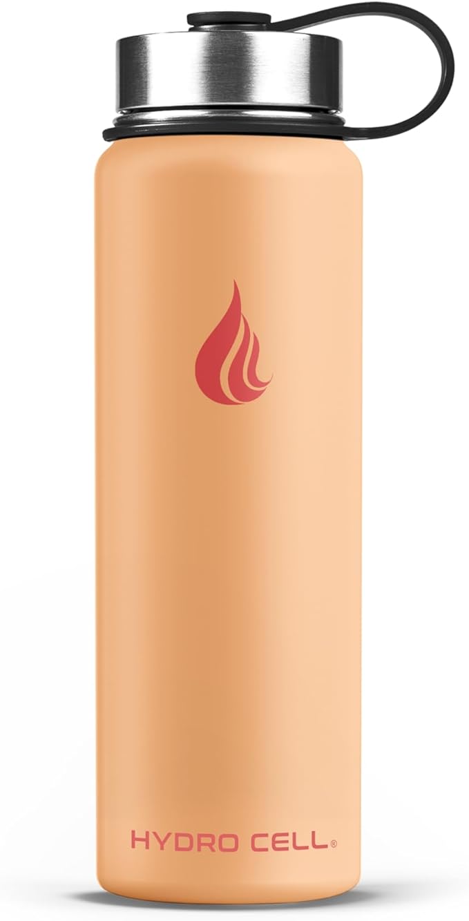 HYDRO CELL Stainless Steel Insulated Water Bottle with Straw - For Cold & Hot Drinks - Metal Vacuum Flask with Screw Cap and Modern Leakproof Sport Thermos for Adults (Peach 24oz)