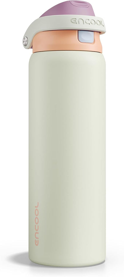 ENCOOL Leakproof Insulated Water Bottle with Straw Dual-Sip Water Bottle Bag-Safe Design for Work, Commute & Gym – Keeps Drinks Cold All Day, 32 oz, Sand Beige