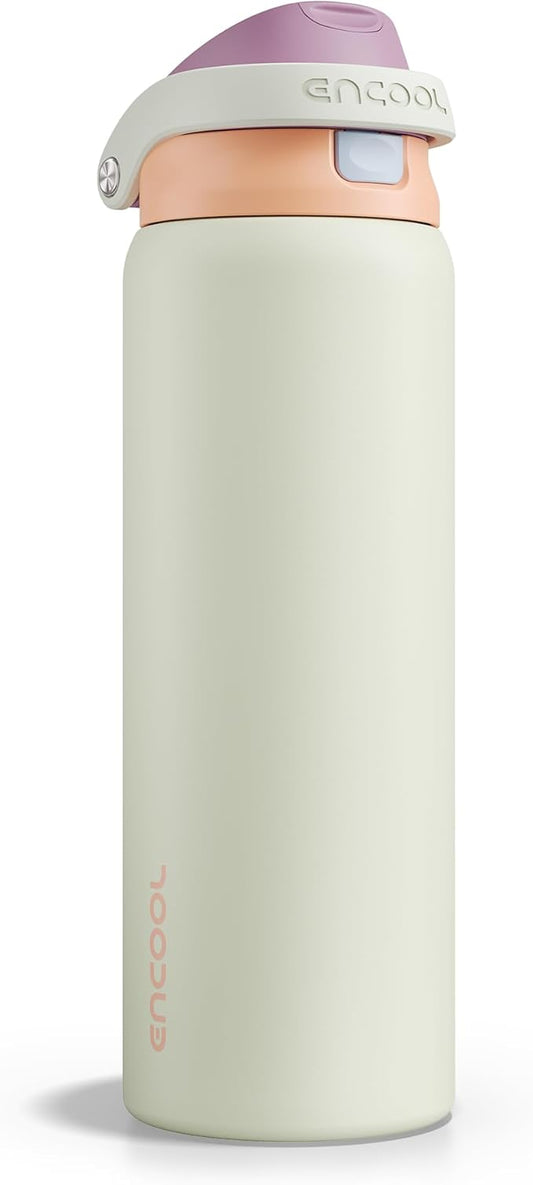 ENCOOL Leakproof Insulated Water Bottle with Straw Dual-Sip Water Bottle Bag-Safe Design for Work, Commute & Gym – Keeps Drinks Cold All Day, 32 oz, Sand Beige