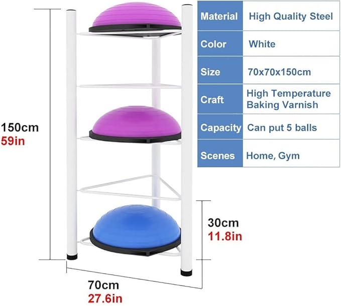 Balls Home Schools Display Rack Half Exercise Ball Trainer Storage Rack - 5 Tier Floor Stand Half Circle Balance Ball Holder Storage Organizer for Home Gym Fitness Equipment (White)