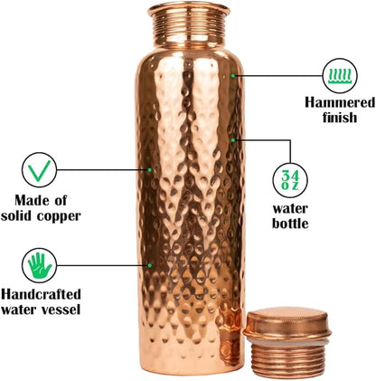 Seamless Leak Proof Ayuverdic Hammered Copper 34oz O2 Water Bottle - Handcrafted with Pure Ayuverdic Tradition – Premium Quality Drinking Bottle for Sports, Yoga, Fitness, Gym, Outdoors