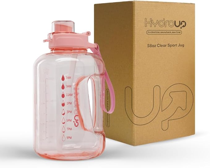 Sport Jug 58oz – Large Clear Plastic Water Jug with 2-in-1 Straw & Chug Lid, Motivational Time Markers, BPA-Free, Leakproof