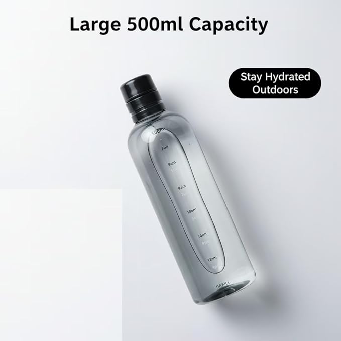 17oz Plastic Sports Bottle ，Time Marker Water Bottle, Leakproof Sports Drinking Bottle for Gym, School, Office, Trave(Black 17oz)