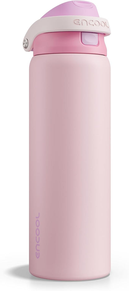ENCOOL Leakproof Insulated Water Bottle with Straw Dual-Sip Water Bottle Bag-Safe Design for Work, Commute & Gym – Keeps Drinks Cold All Day, 32 oz, Macaron Pink