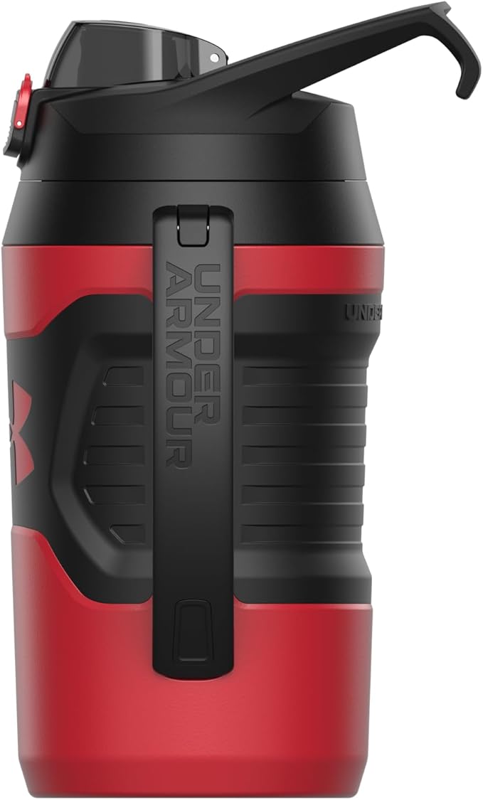 Under Armour Half Gallon Water Bottle Insulated, 64oz Insulated Water Bottle with Handle, Fence Hook, Leak Resistant, for Baseball, Football & More, Red/Black