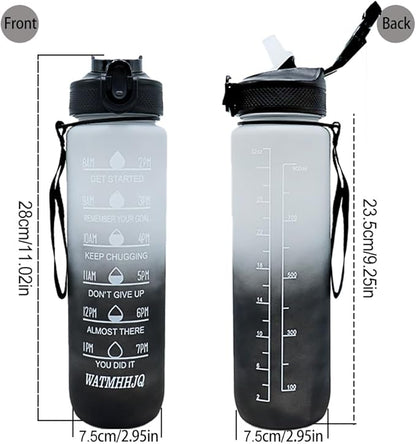 32oz Sports Water Bottle Outdoor, with Drinking Time and Capacity Labels, Sport Water Cups with Straw,BPA Free Leak Proof,for Fitness Gym Running Climbing(Grey black)