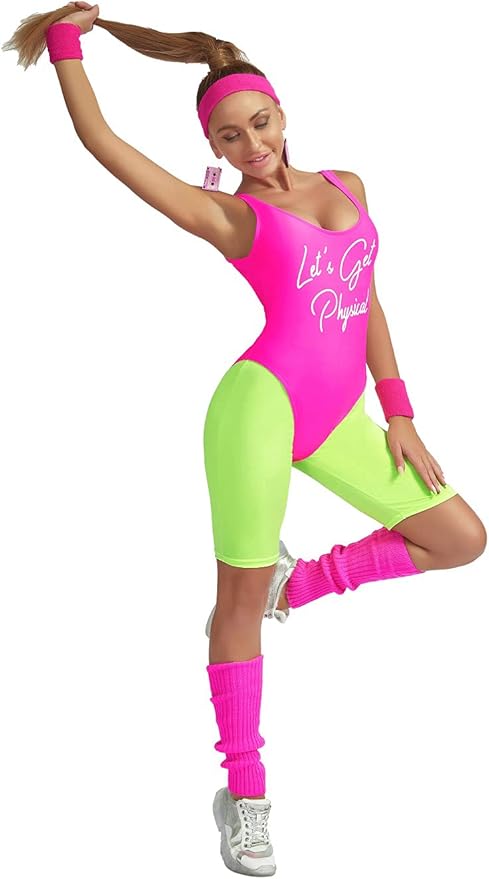MIAIULIA Womens 80s Workout Costume Outfit 80s Accessories Set Leotard Neon Legging Headband Wristbands Set