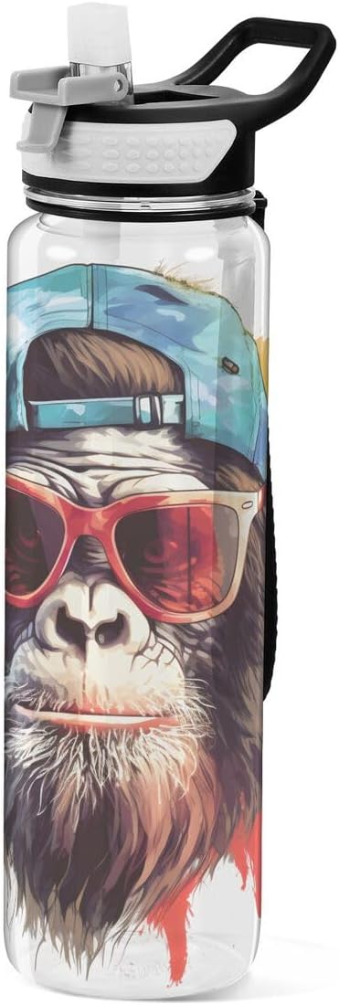 ALAZA Cool Monkey Sports Water Bottle with Straw Tritan Drink Bottle 32 oz BPA Free Reusable for Travel Outdoor Fitness